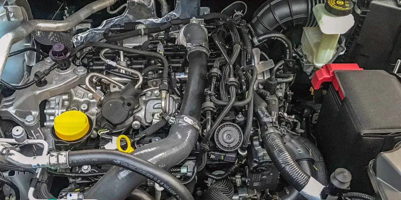 Silnik 1.3 tce z widocznymi przewodami, turbosprężarką i zbiorniczkiem płynu.