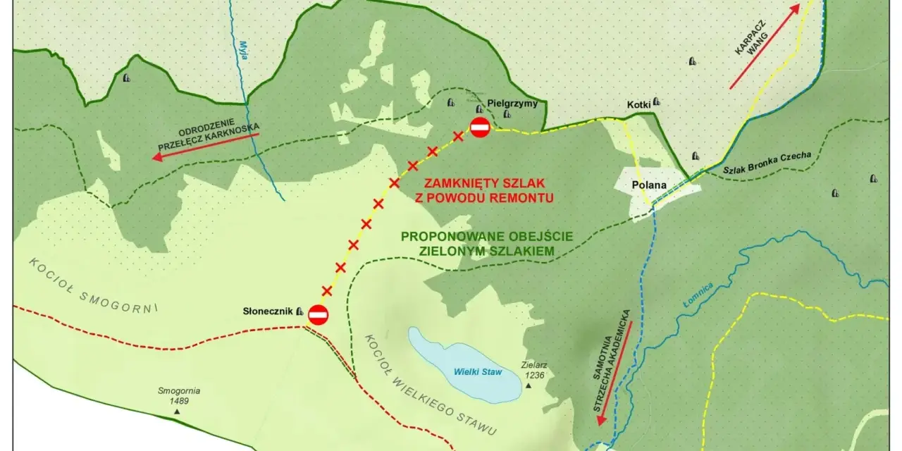 Mapa Karkonoszy z zaznaczonymi szlakami. Zamknięty odcinek szlaku z powodu remontu, proponowane obejście zielonym szlakiem.