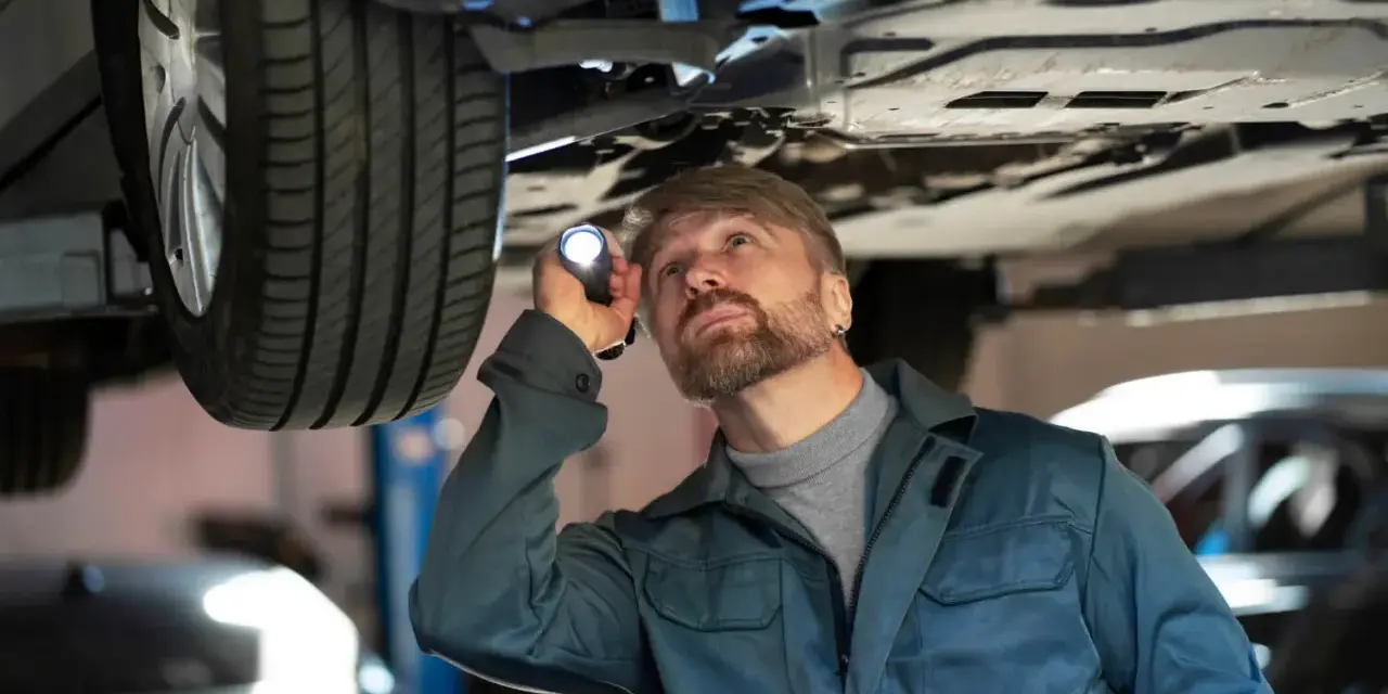 Mechanik z latarką bada podwozie auta, szukając problemów z jarzmem hamulca.