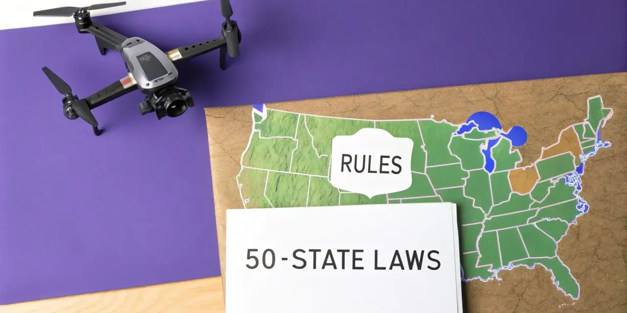 A drone sits near a map of the US with "RULES" and "50-STATE LAWS" labels, hinting at the complexity of Utah drone laws and regulations across the country.