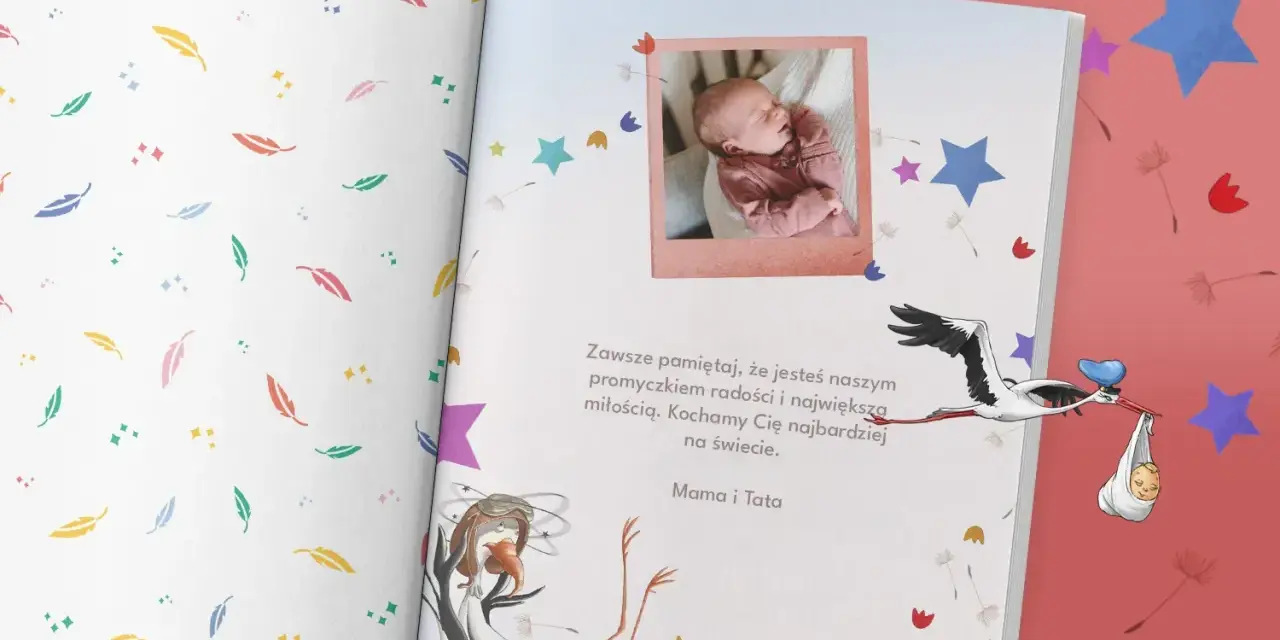 Wpis do książki dedykacja: zdjęcie noworodka, bocian z dzidziusiem i wzruszające słowa od Mamy i Taty.
