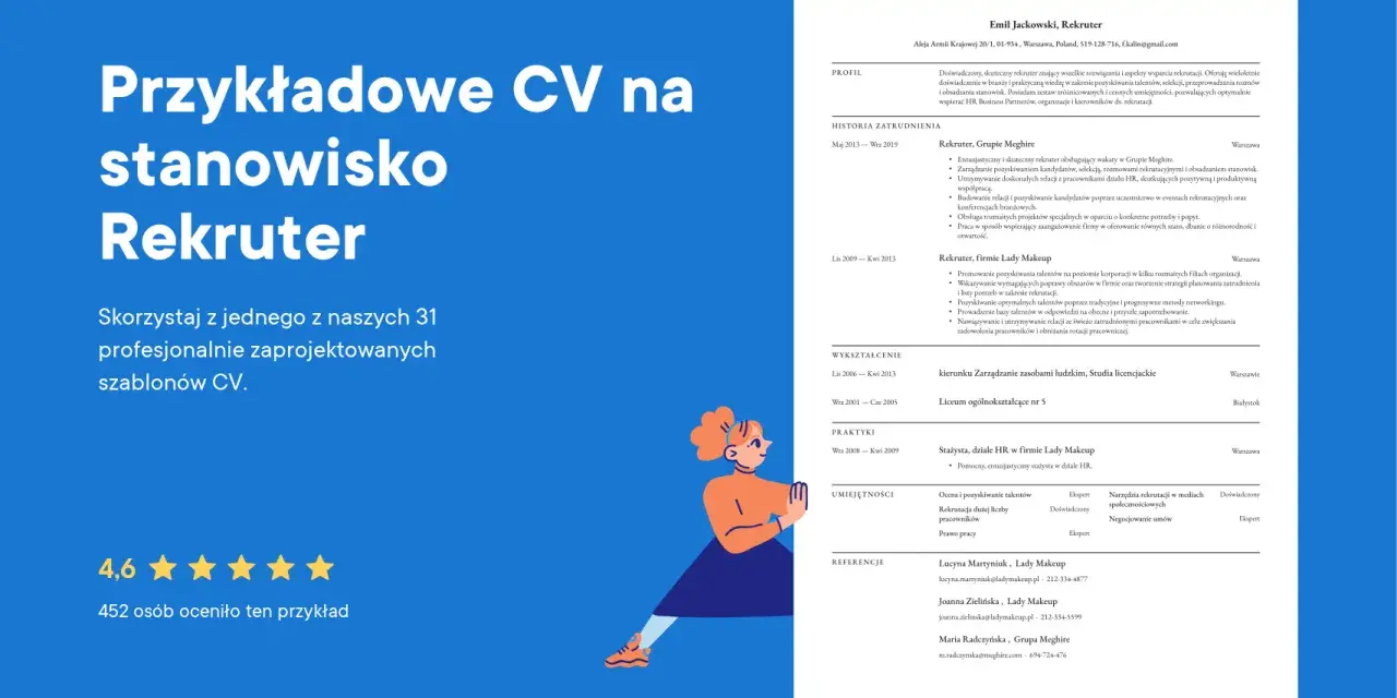 Przykładowe CV na stanowisko Rekruter. Podsumowanie zawodowe Emila Jackowskiego, doświadczonego rekrutera.