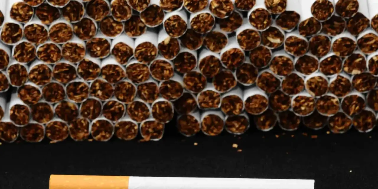Una hilera de cigarrillos apilados, con uno solo al frente. El tabaco es malo, y la nicotina es adictiva.