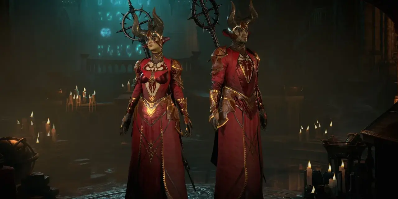Dwie postacie w strojach inspirowanych diablo 2 czarodziejka build, z rogami i ozdobnymi szatami, stoją w mrocznym, świecznikowym wnętrzu.