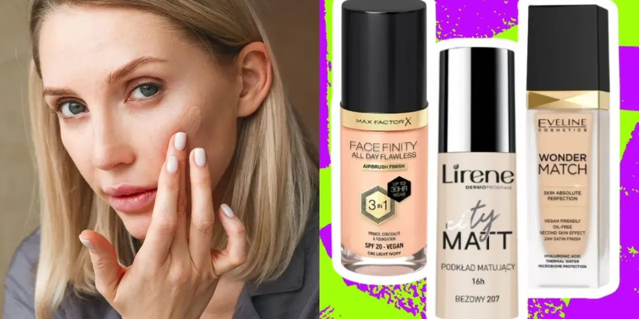 Kobieta aplikuje podkład maskujący niedoskonałości. Obok trzy butelki kosmetyków: Max Factor, Lirene i Eveline.