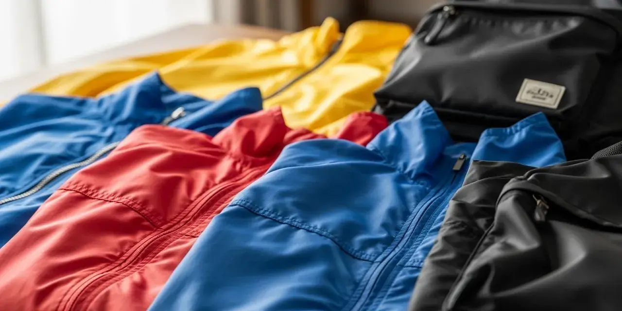 Kolorowe kurtki i plecak. Lekki, wodoodporny nylon jaki to materiał, idealny na podróż.