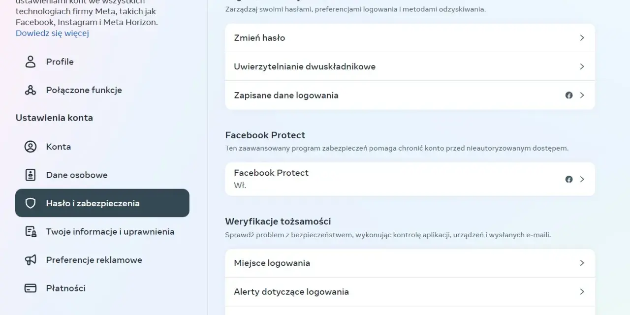 Ustawienia konta Meta: Hasło i zabezpieczenia, uwierzytelnianie dwuskładnikowe, Facebook Protect i inne metody uwierzytelniania.