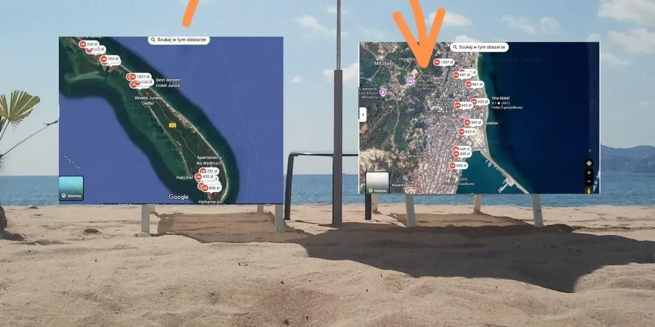 Dwie mapy Google z zaznaczonymi cenami noclegów nad morzem, pod parasolem plażowym.