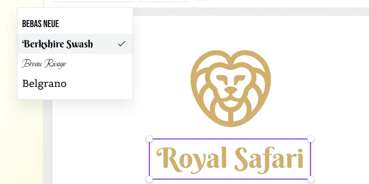 Edytor tekstu z opcją dodawania znaku wodnego do wielu zdjęć. Wybór czcionki "Berkshire Swash" dla tekstu "Royal Safari".