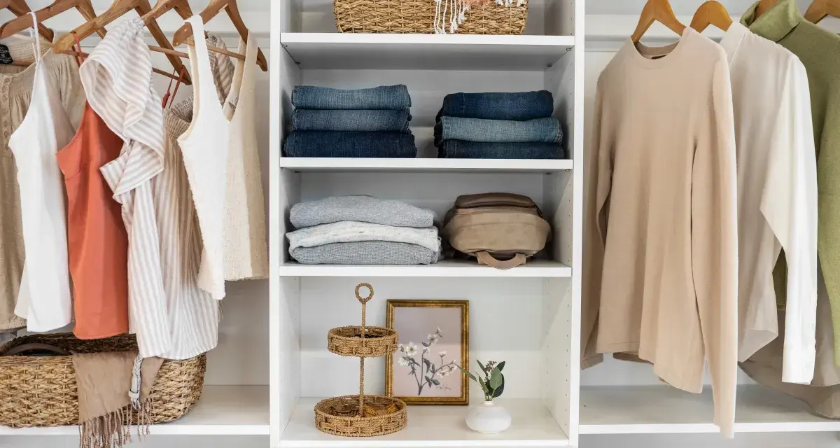 A well-organized closet with hanging clothes, folded jeans, sweaters, and decorative baskets. This DIY closet organizer maximizes space and style.