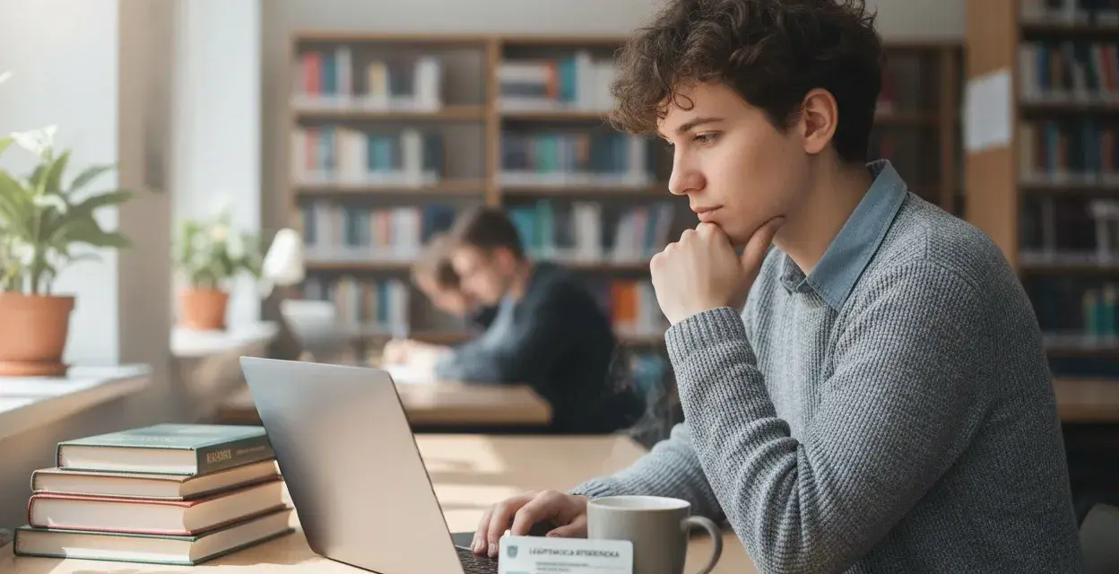 Młody student z legitymacją studencką, korzystający z laptopa w bibliotece. Nawet po 26 roku życia, zniżka studencka PKP może być pomocna.