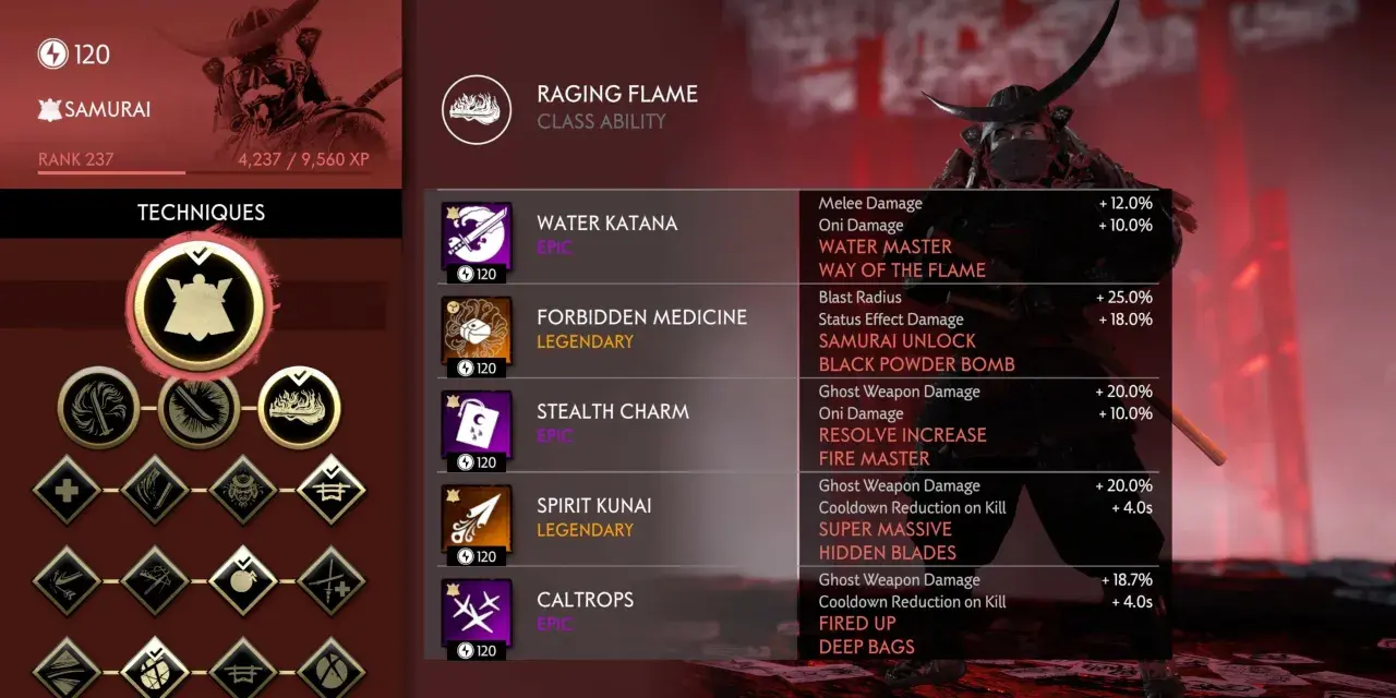 Ghost of Tsushima tryb legend: menu postaci Samuraja z technikami, takimi jak "Water Katana" i "Stealth Charm".