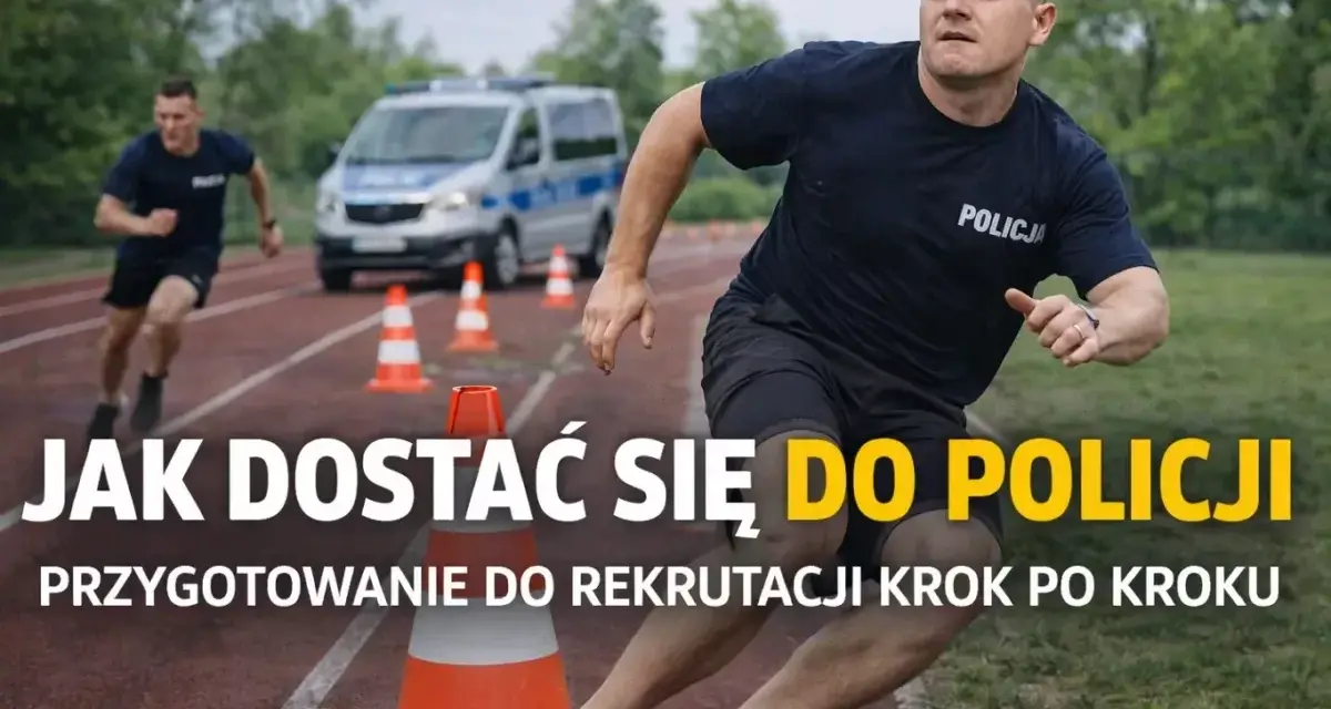Policjanci biegają na bieżni z pachołkami. Dowiedz się, jak dostać się do policji i przygotować do rekrutacji.