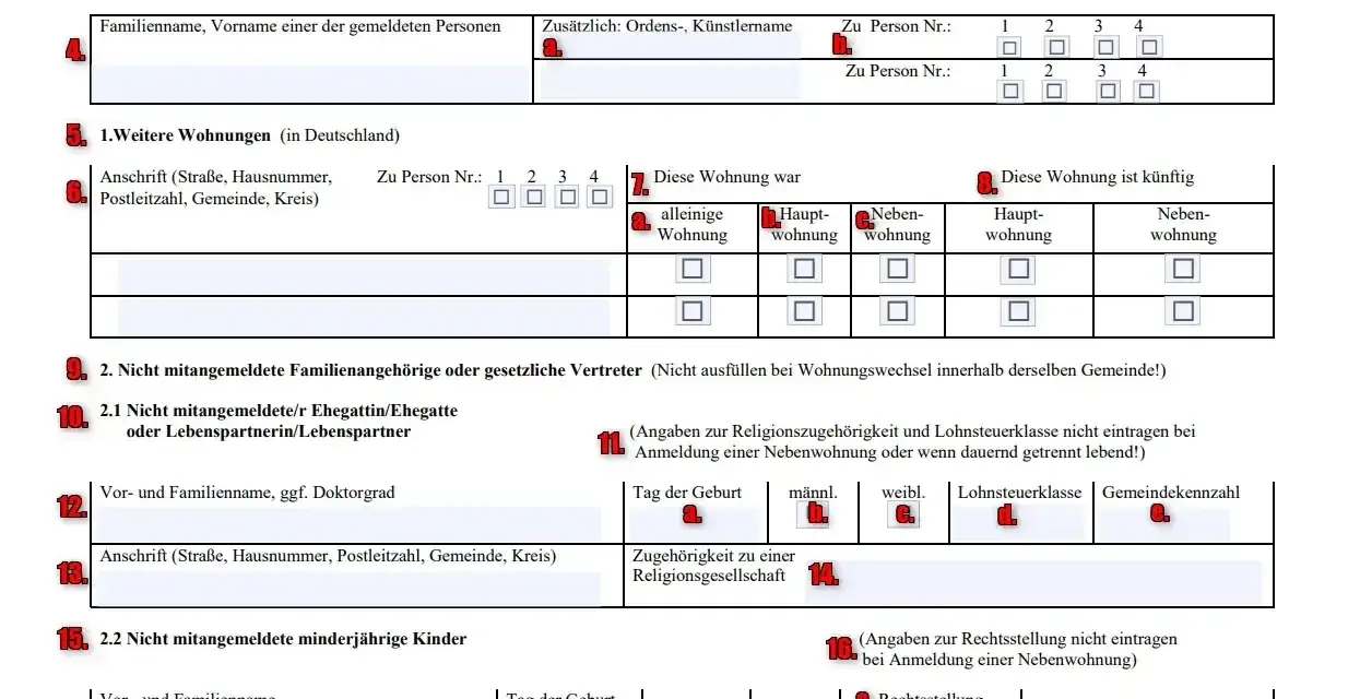 Formular zawiera pola do wpisania adresu zamieszkania, danych osobowych oraz informacji o członkach rodziny.