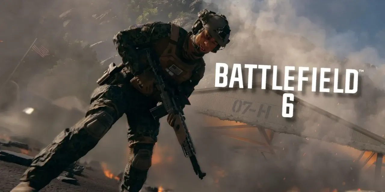 Żołnierz w kamuflażu z karabinem na tle dymu i płomieni. Napis Battlefield 6.