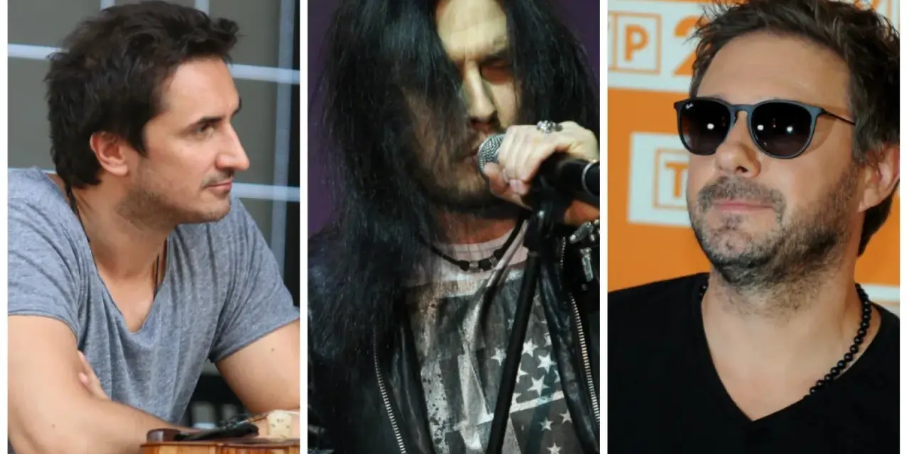 Trzech znanych polskich piosenkarzy: muzyk z gitarą, rockman z długimi włosami i wokalista w okularach.