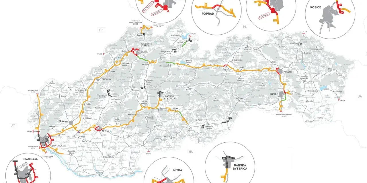 Mapa Słowacji z zaznaczonymi drogami i winietami. Widoczne główne miasta i autostrady, w tym winiety dla Bratysławy, Żyliny, Popradu, Preszowa, Koszyc, Nitry i Bańskiej Bystrzycy.