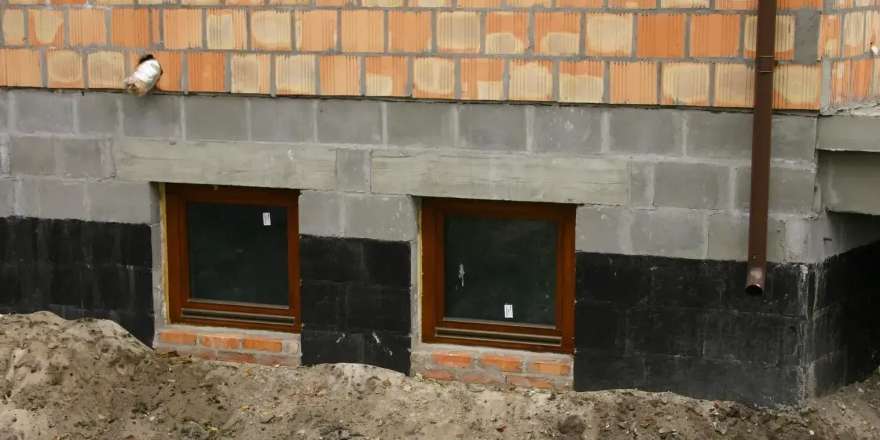 Fundamenty starego domu wymagają wzmocnienia. Widoczne okna piwniczne, izolacja i nowe mury świadczą o pracach.