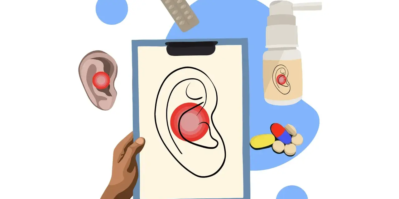Ilustracja przedstawia różne metody leczenia bólu ucha: tabletki, spray, rysunek ucha z zaznaczonym bólem.
