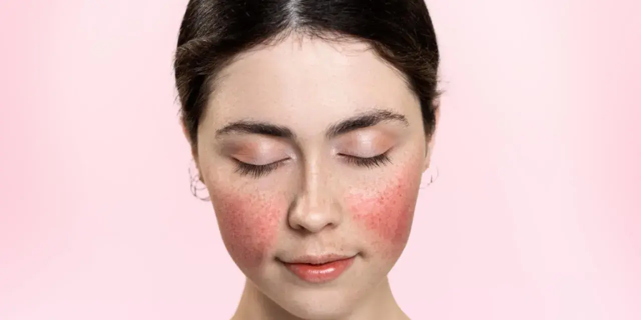 Rötungen im Gesicht, vielleicht eine retinol warnung? Die Haut ist gerötet, die Augen geschlossen.