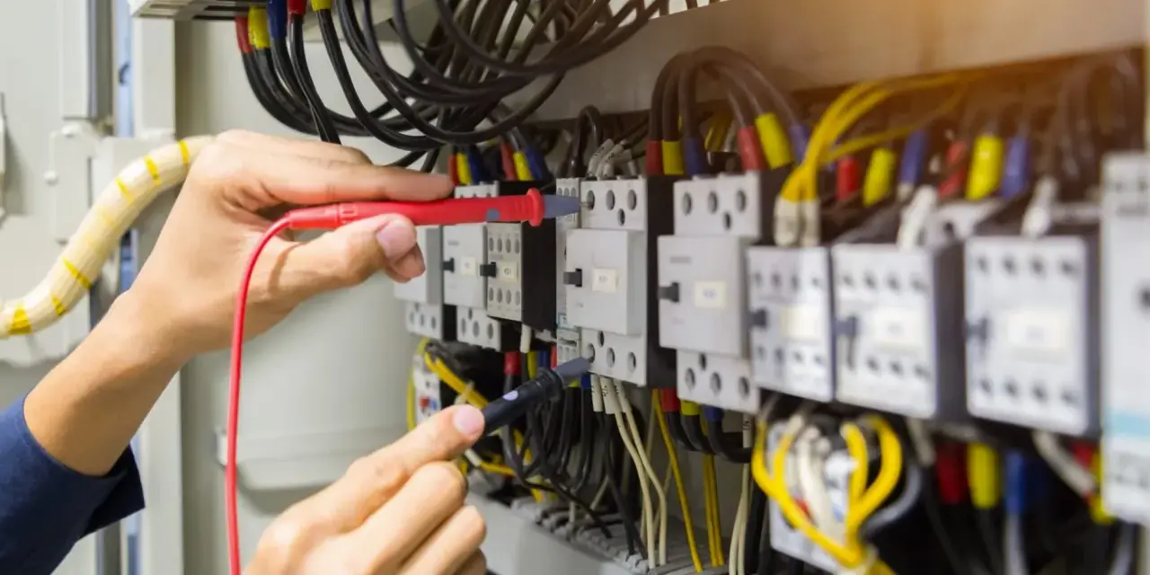 Elektryk sprawdza przewód neutralny w szafie sterowniczej, używając multimetru. Widać wiele kabli i przekaźników.