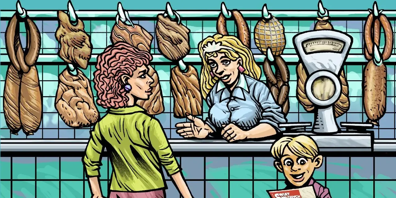 Komiks przedstawia scenę w sklepie mięsnym. Klientka rozmawia ze sprzedawczynią, a chłopiec czyta gazetę "Świat Młodych".