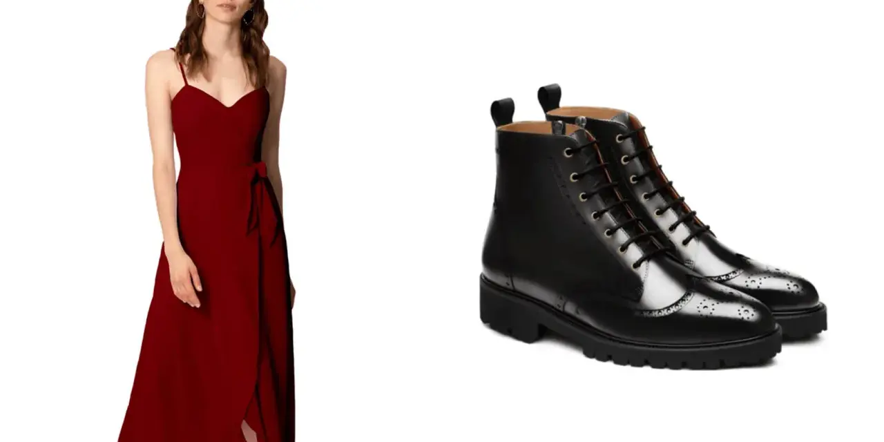 Mujer con vestido largo rojo y botines negros de cordones. Un look audaz para cualquier ocasión.
