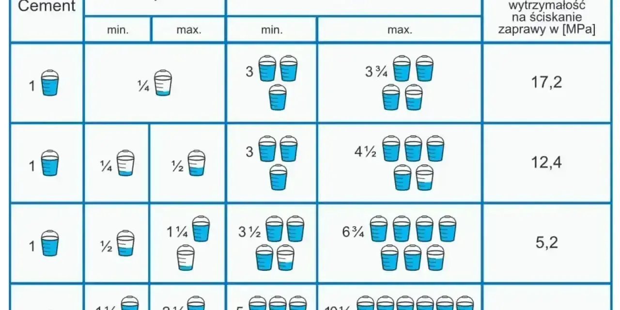 Tabela pokazuje, jak zrobić zaprawę murarską, podając proporcje cementu, wapna i piasku w wiaderkach.