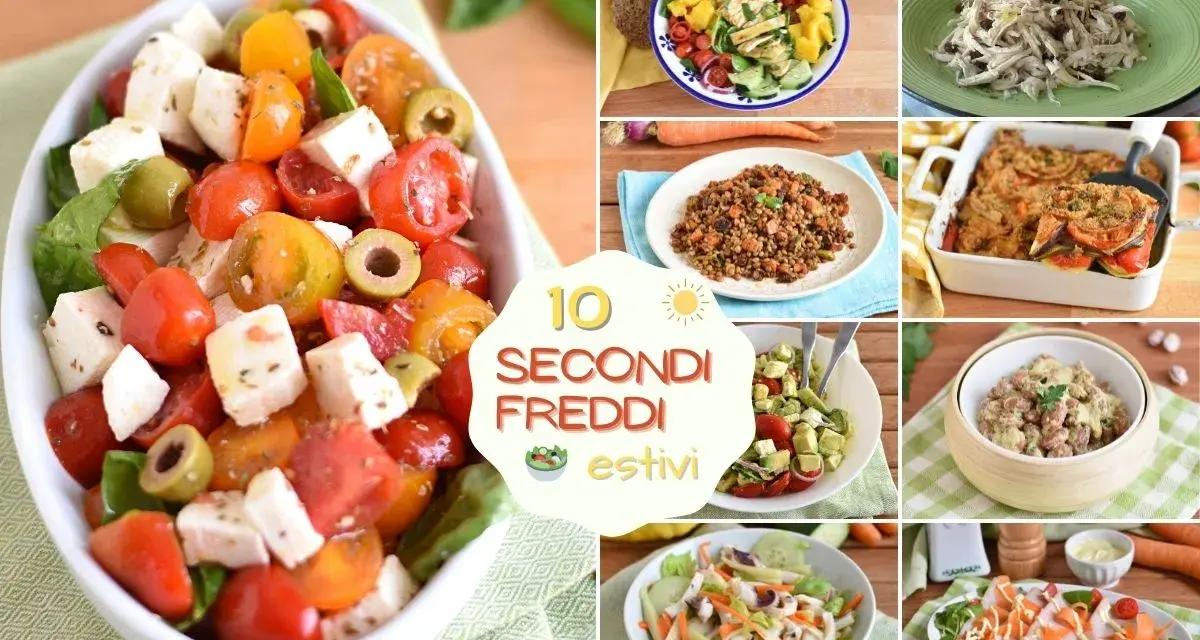 Collage di 10 secondi freddi estivi: insalate colorate, caprese, lenticchie, pollo e altro ancora. Perfetti per l'estate!