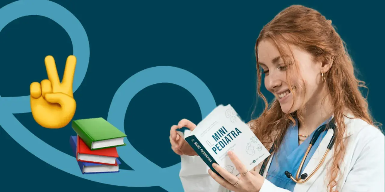 Giovane dottoressa studia "Il Mini Pediatra", forse per capire quanto guadagna un medico privato.