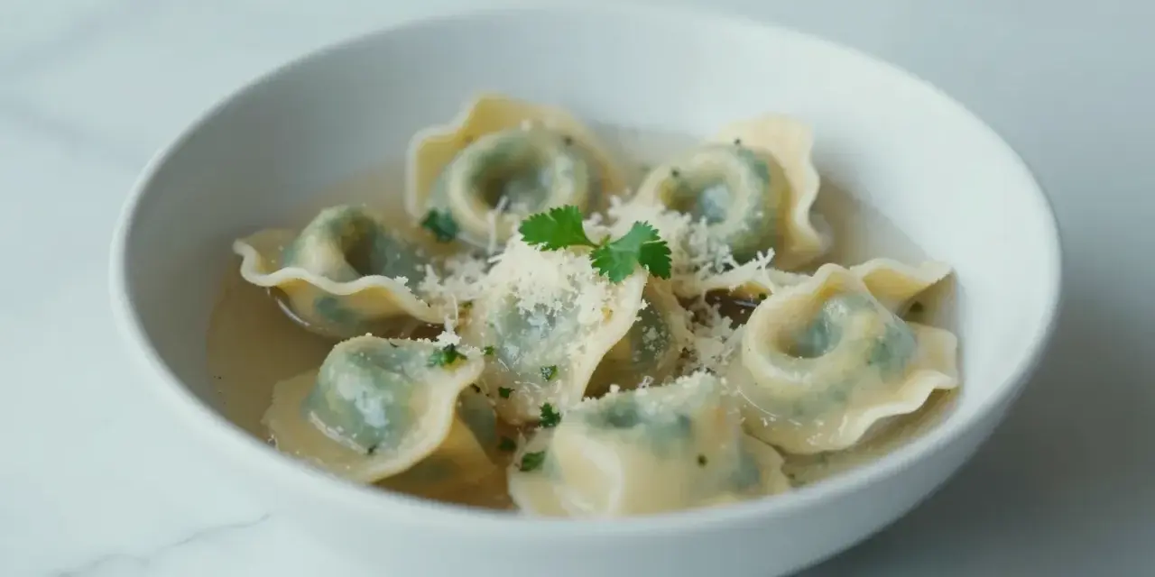 Pyszne tortellini in brodo przepis. Zielone pierożki w bulionie, posypane parmezanem i natką pietruszki.