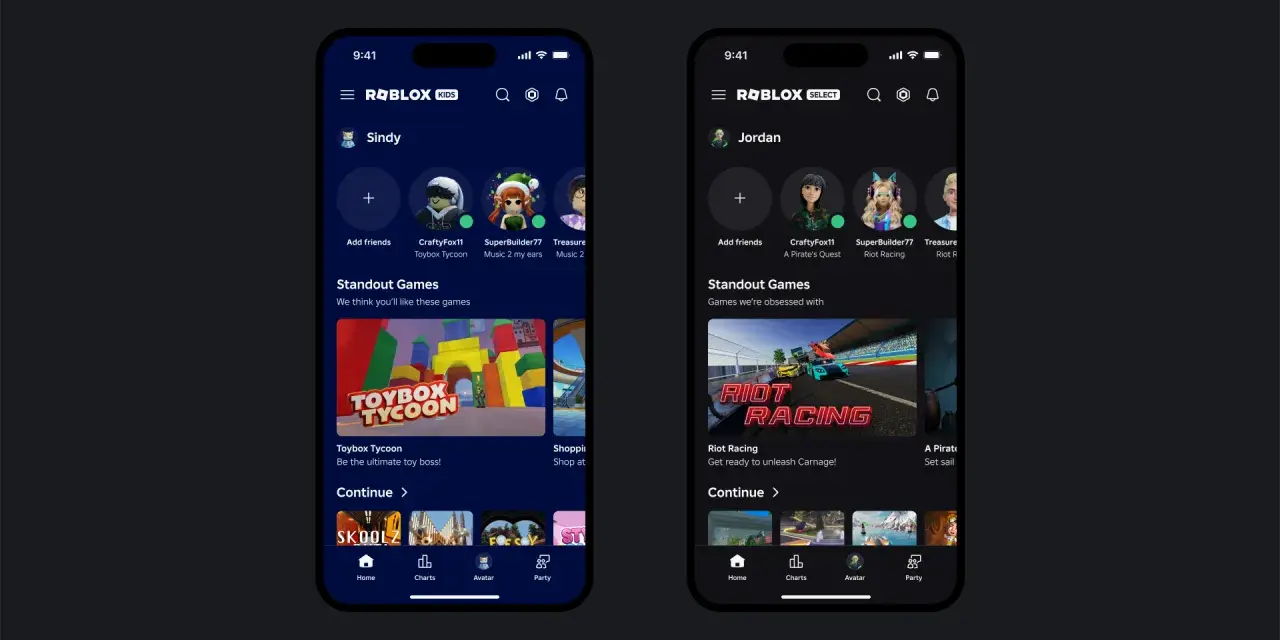 Dwa ekrany aplikacji Roblox: jeden dla dzieci (KIDS) i jeden dla starszych graczy (SELECT). Od ilu lat jest Roblox? Od 2006 roku, platforma oferuje gry takie jak Toybox Tycoon i Riot Racing.