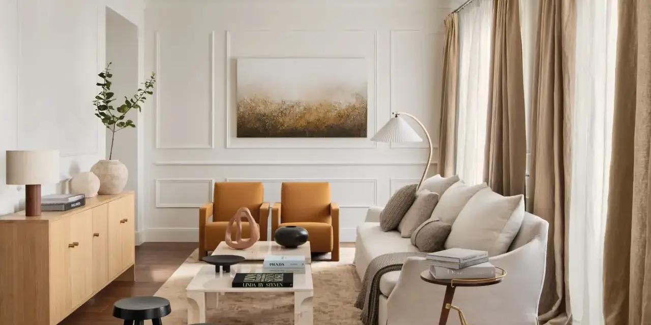 Elegante salón con salones con molduras en paredes, sofá blanco, sillones ocre y mesa de centro de mármol.