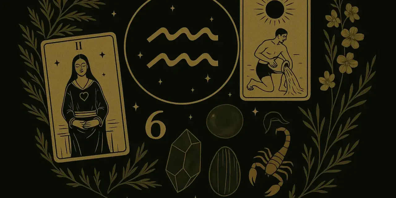 Symbol Wodnika, karta z postacią i mężczyzna nalewający wodę. Tajemnicza kompozycja z kryształami i skorpionem.