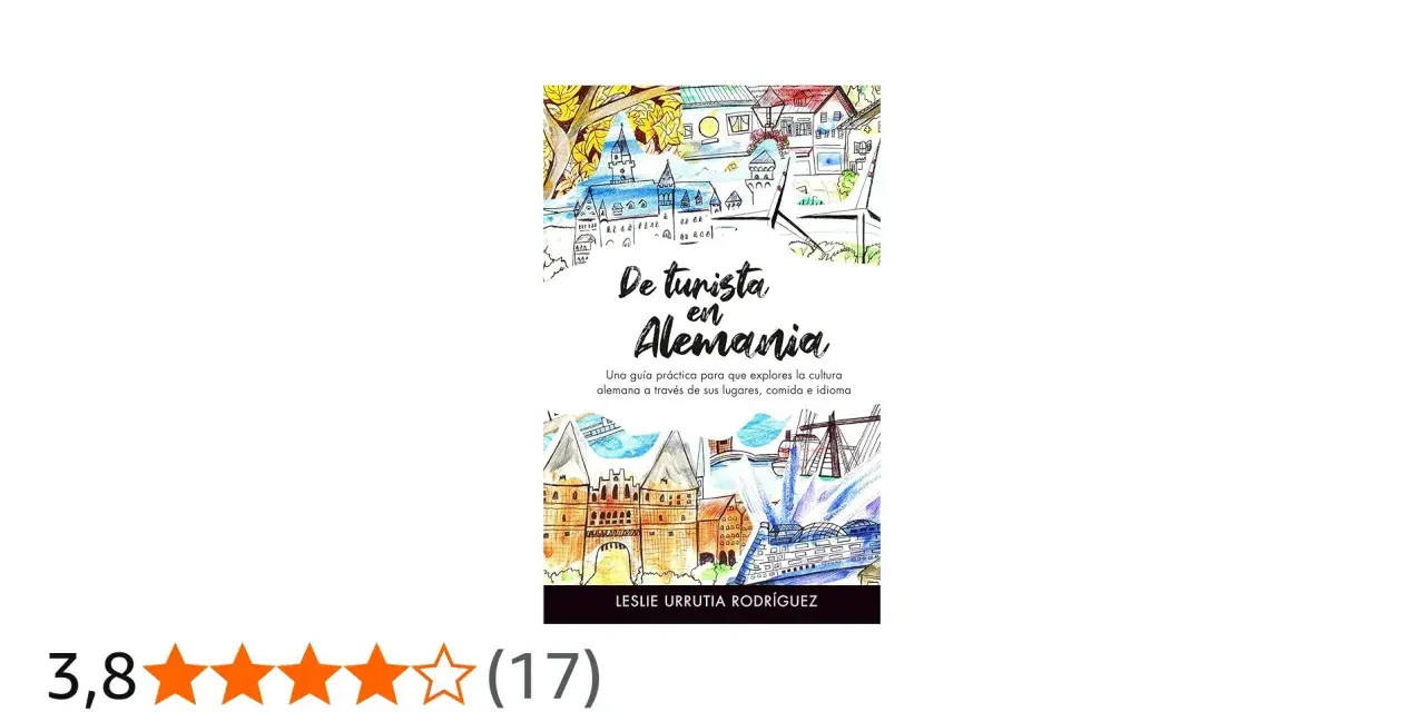 Ilustración de portada de libro "De turista en Alemania" con dibujos de edificios y paisajes.