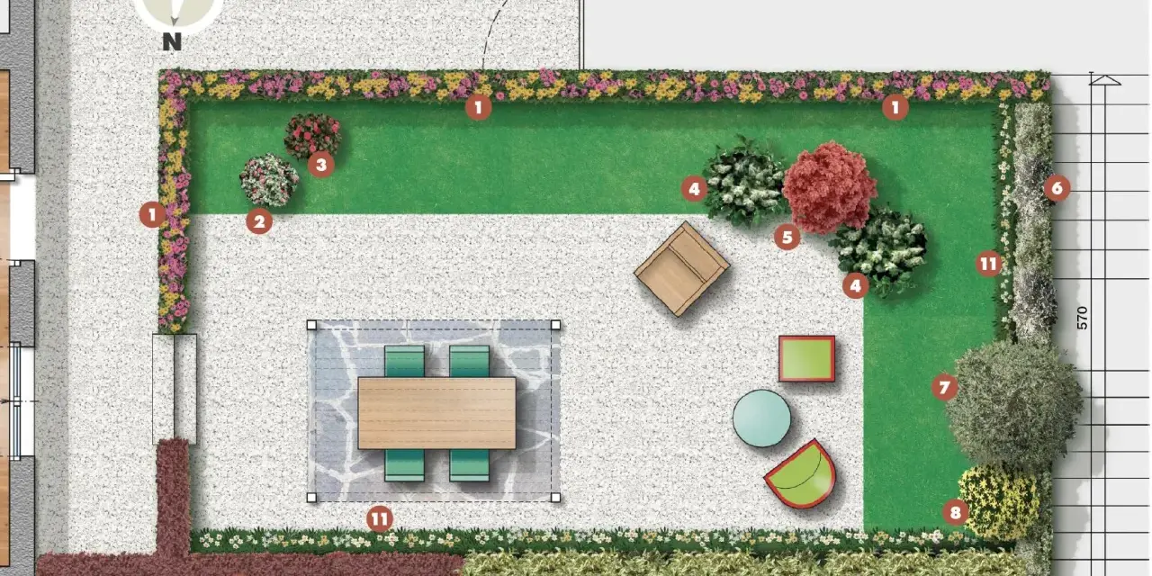 Un terrazzo sul tetto con prato, aiuole fiorite, mobili da esterno e un tavolo da pranzo.