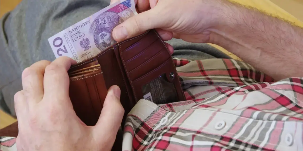Dłonie wkładają banknot 20 zł do brązowego portfela.