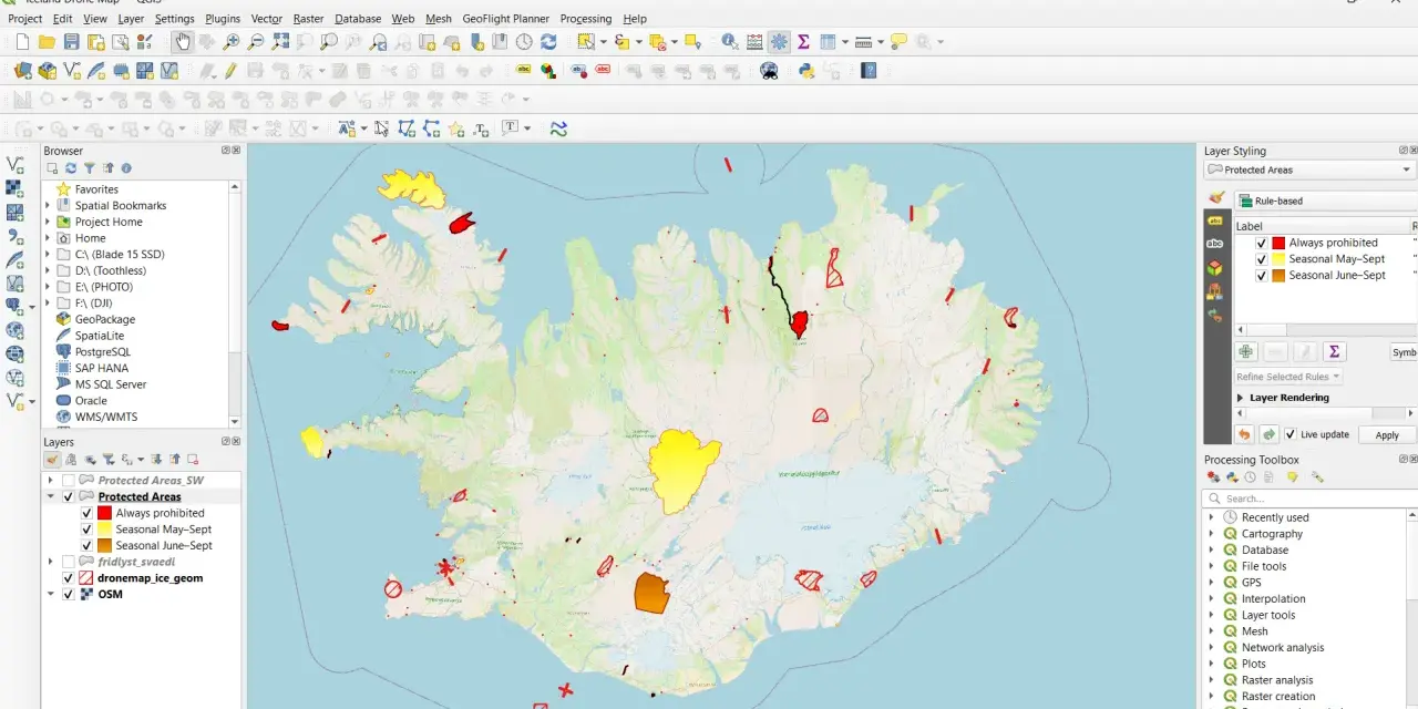 Map of Iceland showing protected areas with drone flight restrictions, indicating areas always prohibited, and seasonal restrictions for May-Sept and June-Sept.
