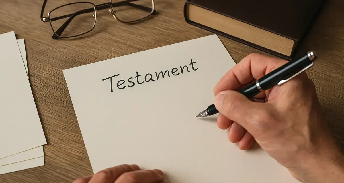 Dłoń pisze piórem na dokumencie z napisem "Testament". Obok leżą okulary i oprawiona księga.