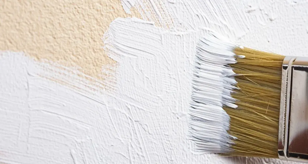 Un pinceau applique un badigeon de chaux blanc sur un mur texturé de couleur beige.