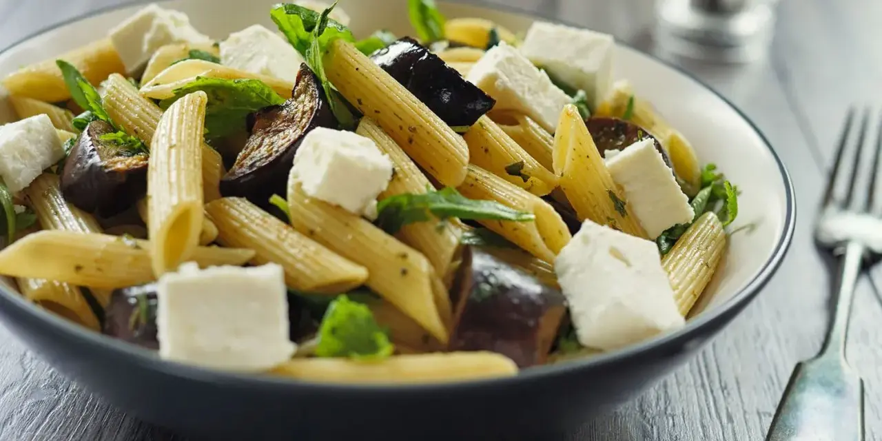 Piatto di pasta con melanzane in bianco, cubetti di formaggio fresco e foglie verdi.