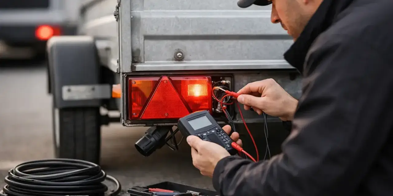 Man felsöker elen på en husvagn. Ett vanligt hobby husvagnar problem som kan uppstå.