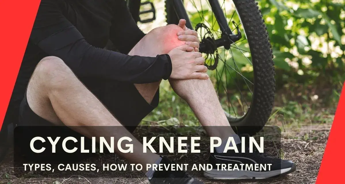 Cyclist holding sore knee, questioning if cycling reduces knee swelling. Text discusses cycling knee pain causes and treatment.