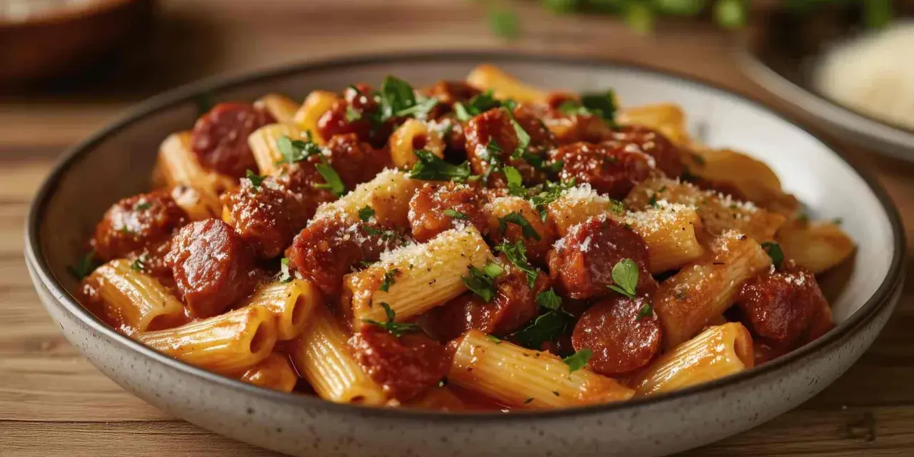 Macarrones con chorizo en salsa roja, espolvoreados con queso rallado y perejil.