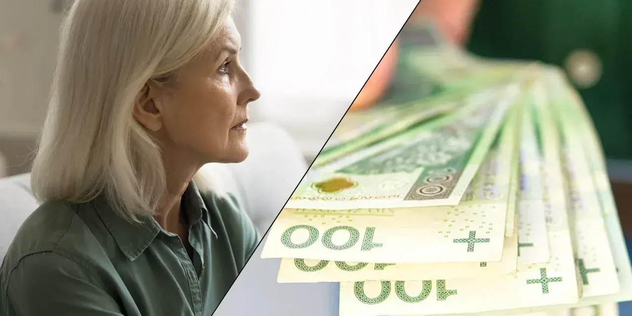 Zamyślona kobieta i stos banknotów 100 zł. Zastanawia się, ile wynosi renta wdowia.
