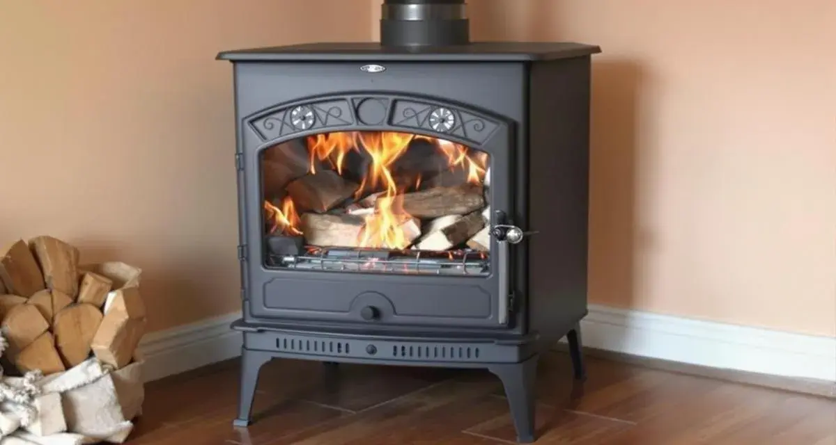 Poêle à bois en fonte, allumé, avec une pile de bois à côté. Un bon entretien assure une longue durée de vie à ce poêle à bois.