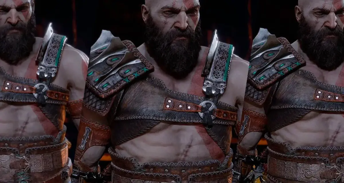 Kratos, el dios de la guerra, listo para el Ragnarok. Su armadura de cuero y metal, con detalles en verde, resalta su imponente figura.