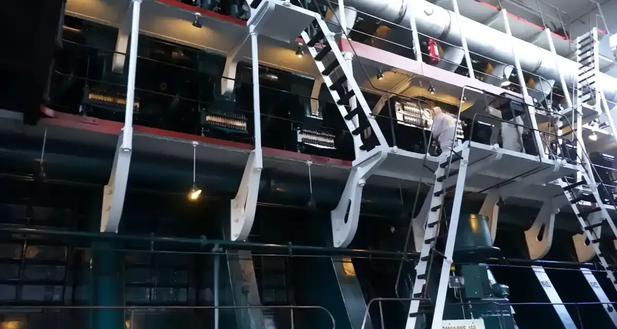 Ogromna, wielocylindrowa jednostka napędowa, prawdopodobnie największy silnik na świecie, z metalowymi schodami i platformami dla obsługi.