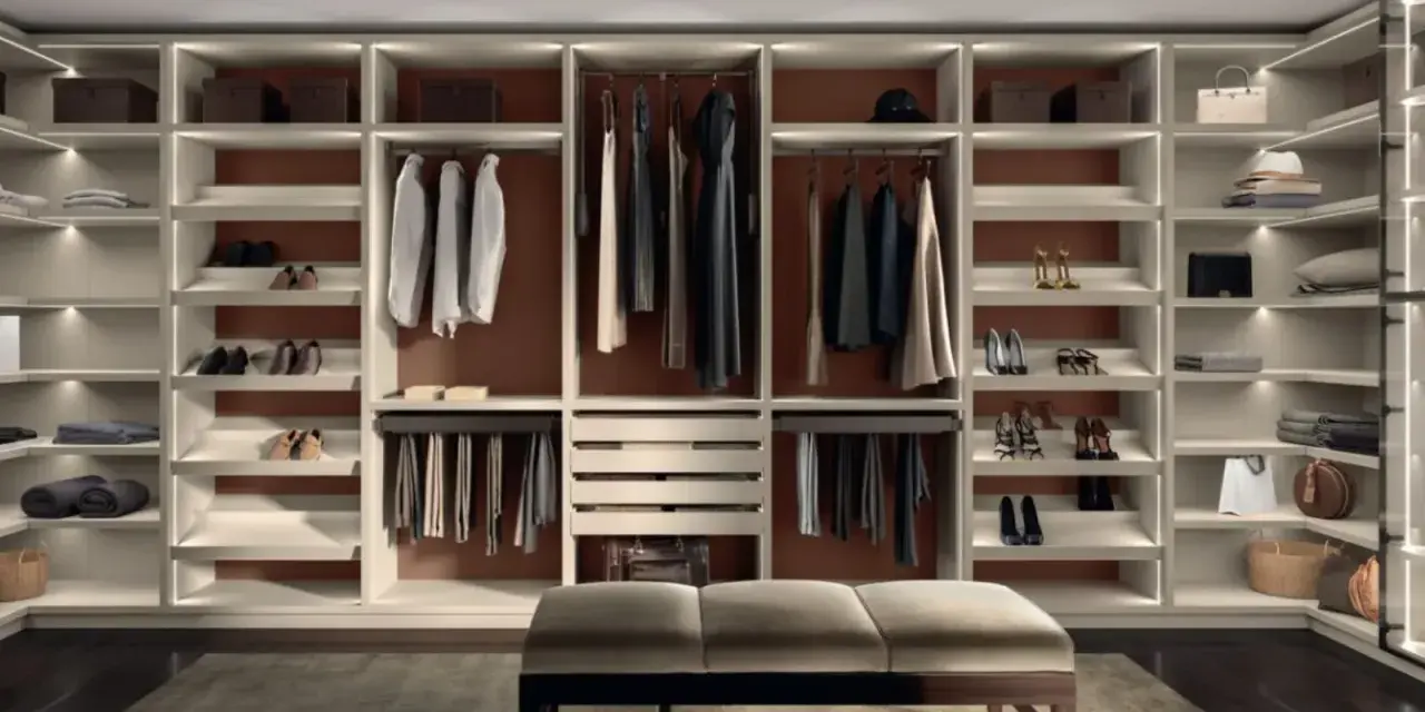 Una cabina armadio fai da te ben organizzata con abiti, scarpe e accessori ordinati su scaffali illuminati.