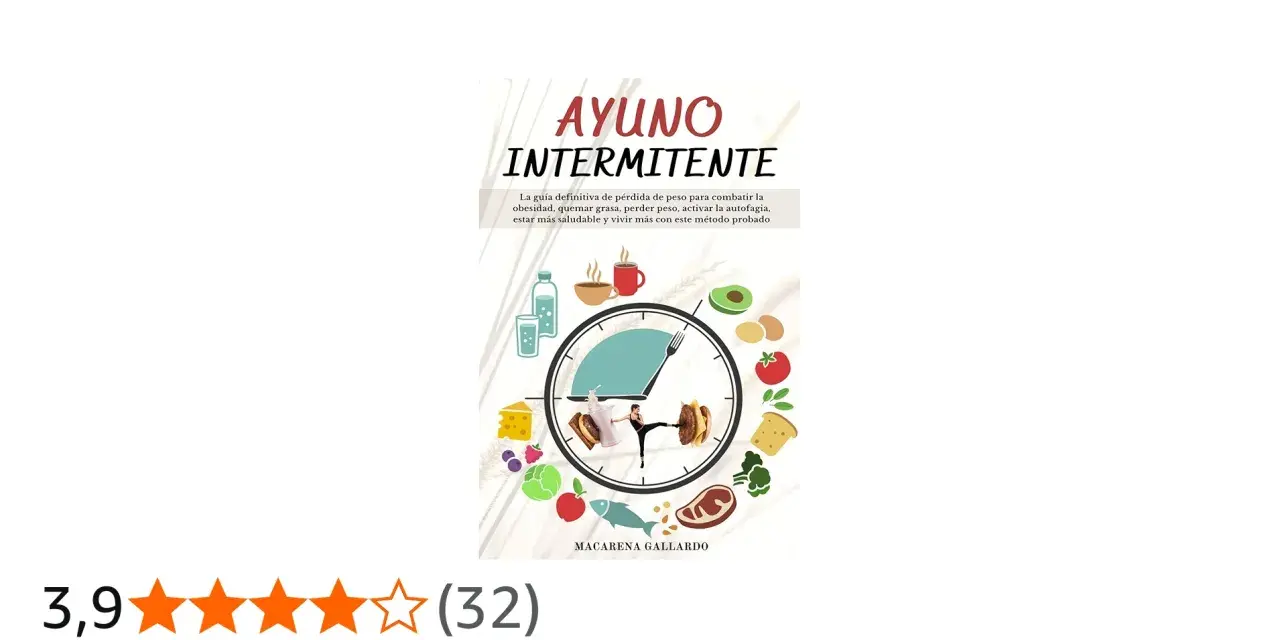 Guía visual sobre como hacer ayuno intermitente, con alimentos saludables y un reloj que marca el tiempo.